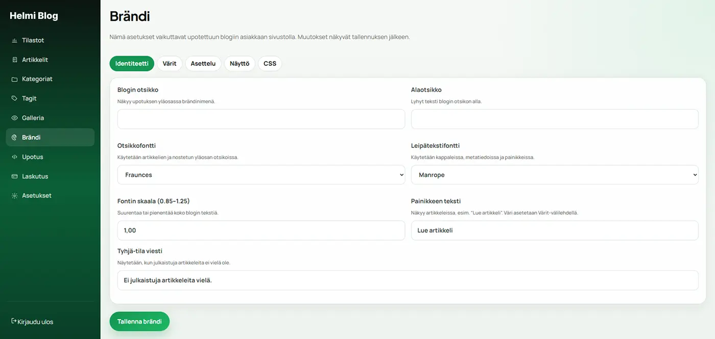 Helmi Blog -blogialustan ulkoasun ja brändin asetukset