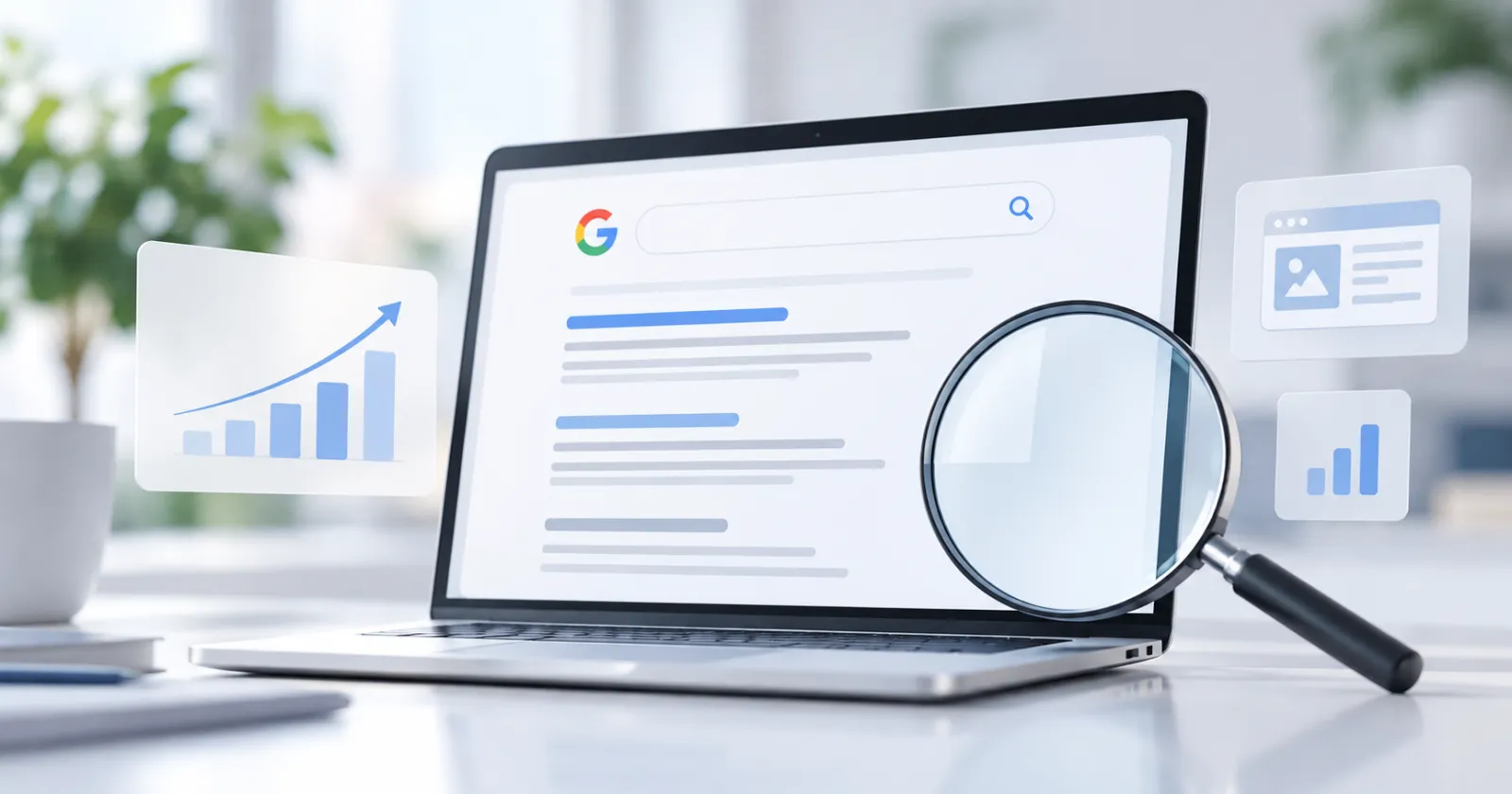 Kannettava tietokone, jonka näytöllä näkyvät Googlen hakutulokset sekä hakukonenäkyvyyttä kuvaavat suurennuslasi ja nouseva kävijätilasto.
